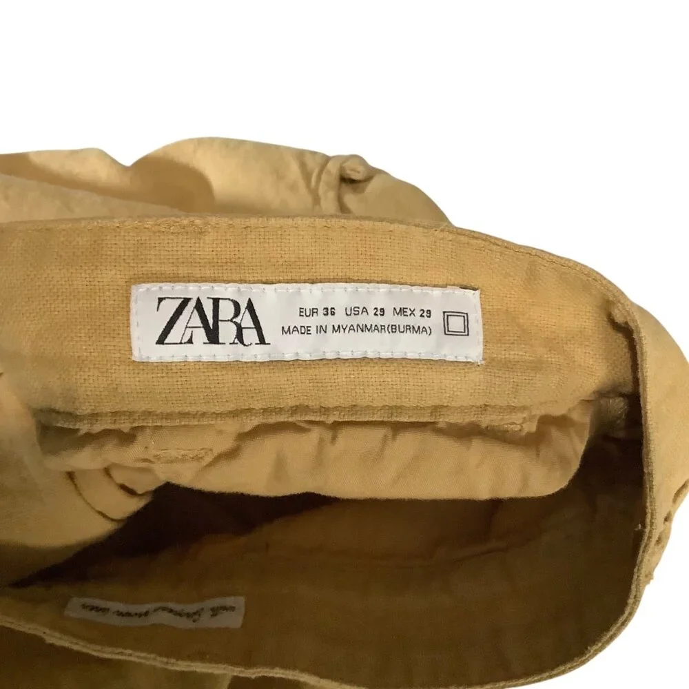 Zara Yellow Women Pants Size 29 European Grown Linen Straight Leg Button Pockets
